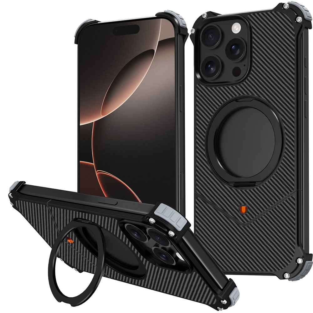 For iPhone 15 Pro Magnetic Case Carbon Fiber Texture PU + Metal Boardless Phone Back Cover with Kickstand - Black