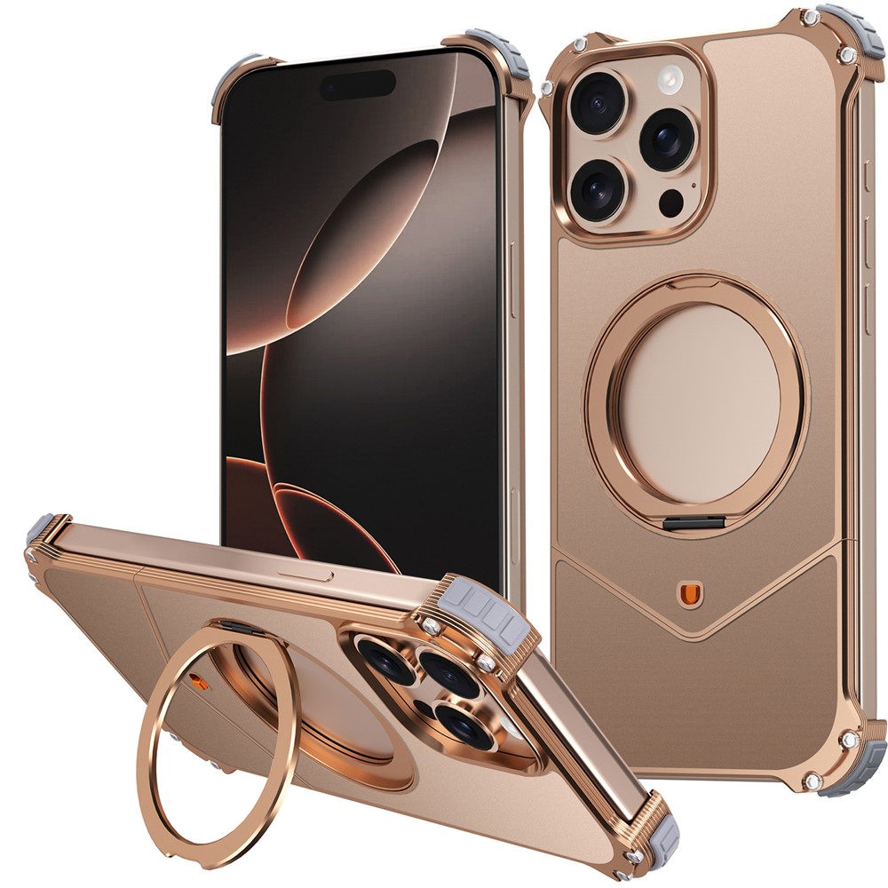 For iPhone 15 Pro Case PC + Metal Boardless Phone Back Cover with Kickstand - Gold