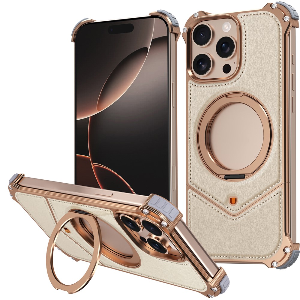 For iPhone 15 Pro Max Case PU Covered Metal Boardless Phone Back Cover with Kickstand - Gold