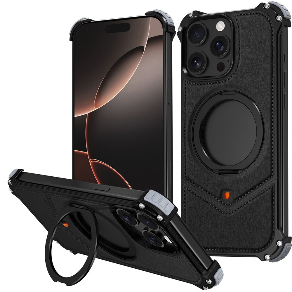 For iPhone 13 Pro Max Case PU Covered Metal Boardless Phone Back Cover with Kickstand - Black