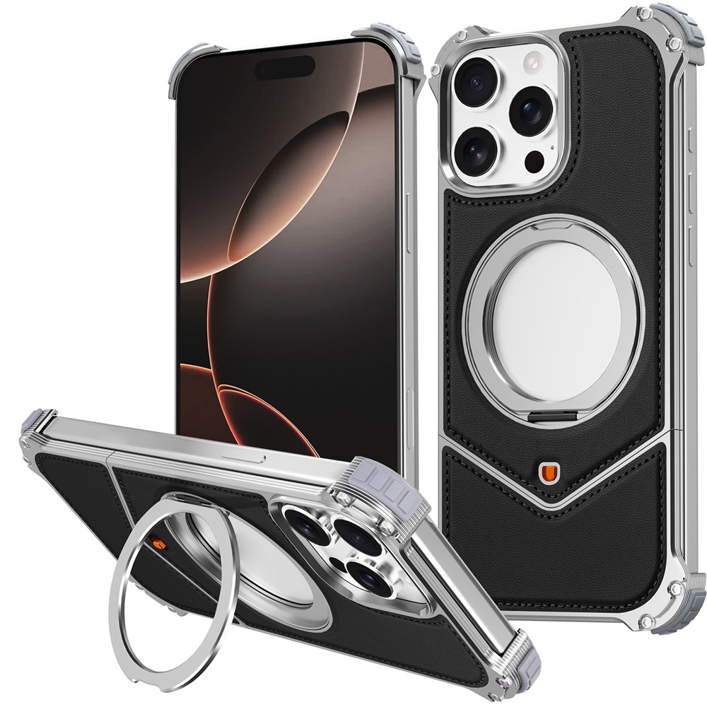 For iPhone 13 Pro Max Case PU Covered Metal Boardless Phone Back Cover with Kickstand - Black  /  Silver