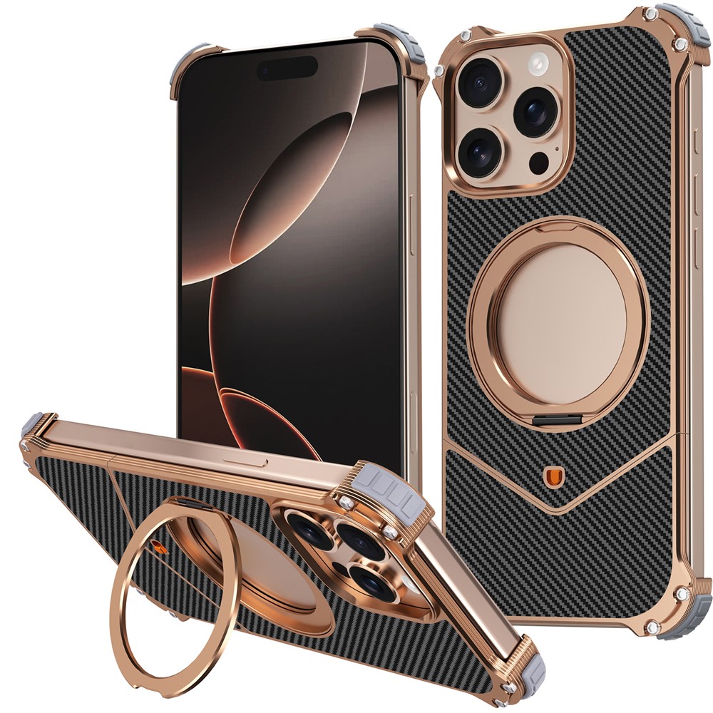 For iPhone 13 Pro Max Magnetic Case Carbon Fiber Texture PU + Metal Boardless Phone Back Cover with Kickstand - Gold