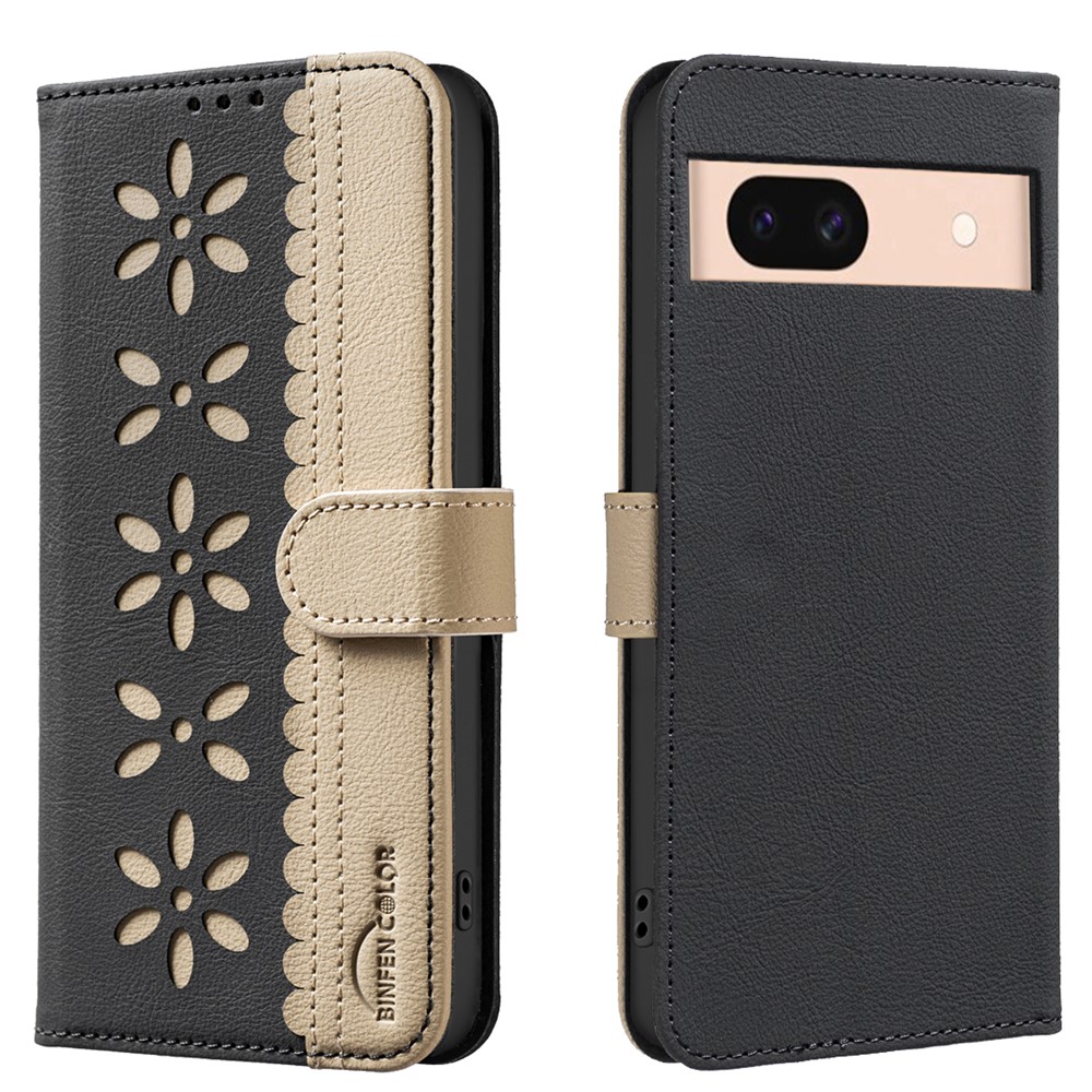 For Google Pixel 8a Leather Case BINFEN COLOR BF36 Floral Pattern Phone Cover RFID Blocking Wallet Stand - Black
