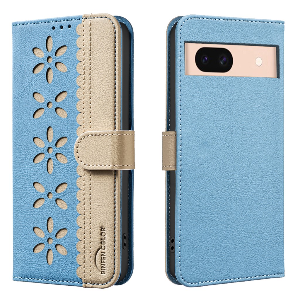 For Google Pixel 8a Leather Case BINFEN COLOR BF36 Floral Pattern Phone Cover RFID Blocking Wallet Stand - Baby Blue