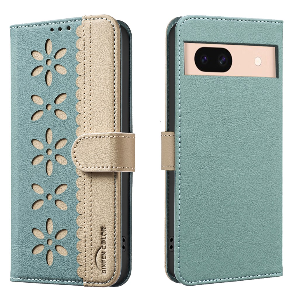 For Google Pixel 8a Leather Case BINFEN COLOR BF36 Floral Pattern Phone Cover RFID Blocking Wallet Stand - Green