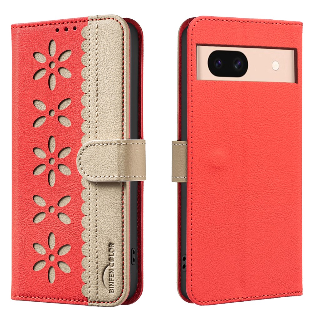 For Google Pixel 8a Leather Case BINFEN COLOR BF36 Floral Pattern Phone Cover RFID Blocking Wallet Stand - Red