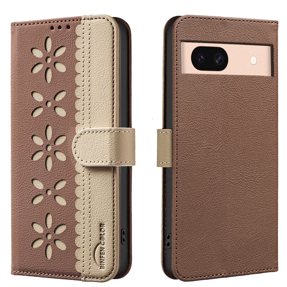 For Google Pixel 8a Leather Case BINFEN COLOR BF36 Floral Pattern Phone Cover RFID Blocking Wallet Stand - Brown