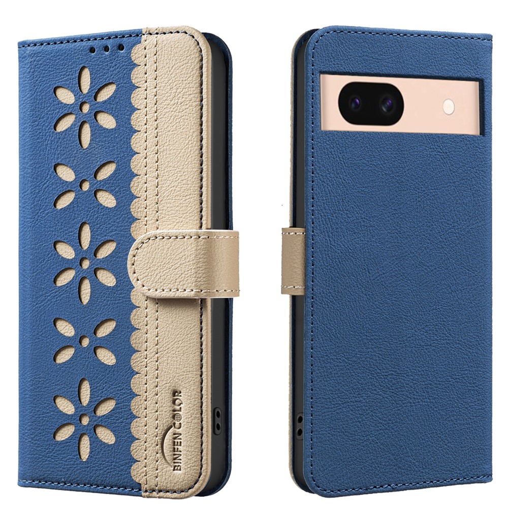 For Google Pixel 8a Leather Case BINFEN COLOR BF36 Floral Pattern Phone Cover RFID Blocking Wallet Stand - Dark Blue