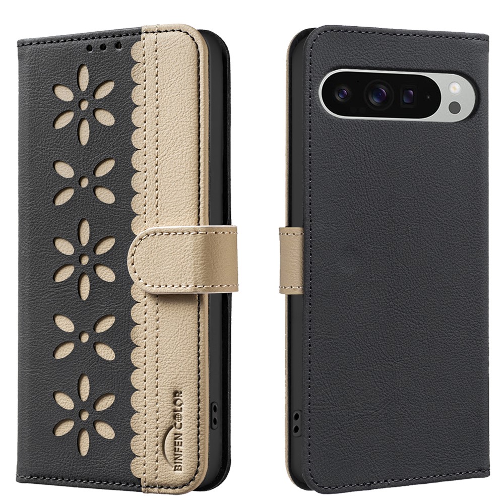 For Google Pixel 8 Leather Case BINFEN COLOR BF36 Floral Pattern Phone Cover RFID Blocking Wallet Stand - Black