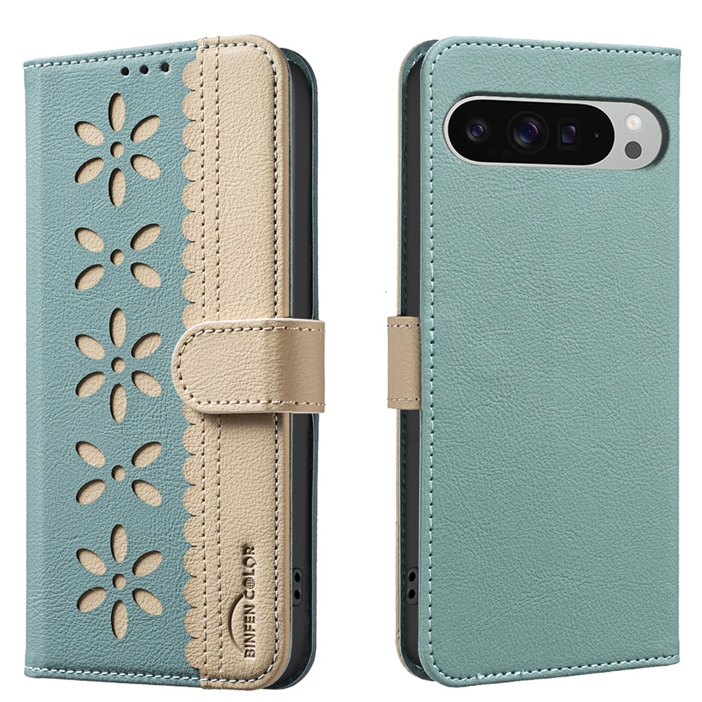 For Google Pixel 8 Leather Case BINFEN COLOR BF36 Floral Pattern Phone Cover RFID Blocking Wallet Stand - Green