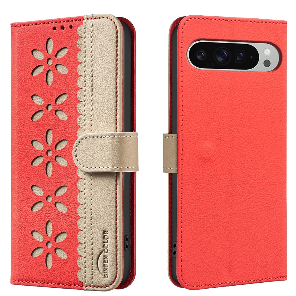 For Google Pixel 8 Leather Case BINFEN COLOR BF36 Floral Pattern Phone Cover RFID Blocking Wallet Stand - Red