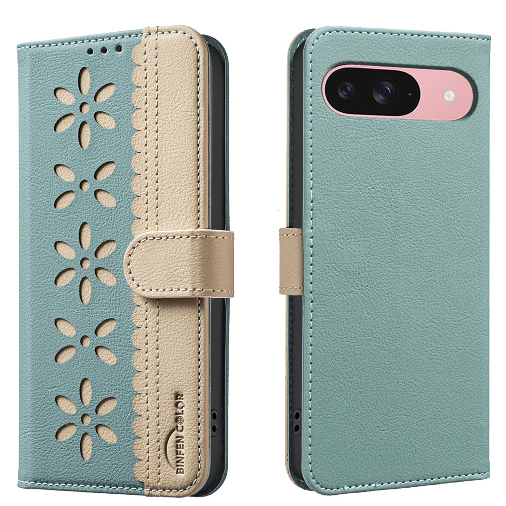 For Google Pixel 8 Pro Leather Case BINFEN COLOR BF36 Floral Pattern Phone Cover RFID Blocking Wallet Stand - Green