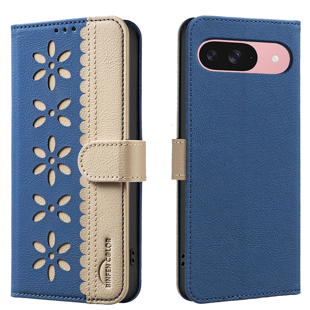 For Google Pixel 8 Pro Leather Case BINFEN COLOR BF36 Floral Pattern Phone Cover RFID Blocking Wallet Stand - Dark Blue