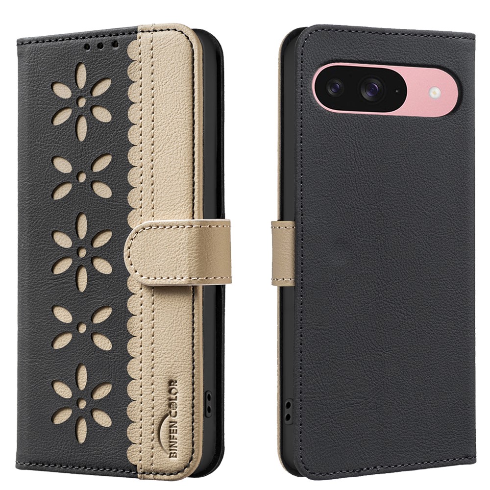 For Google Pixel 9 Pro / Google Pixel 9 Leather Case BINFEN COLOR BF36 Floral Pattern Phone Cover RFID Blocking Wallet Stand - Black