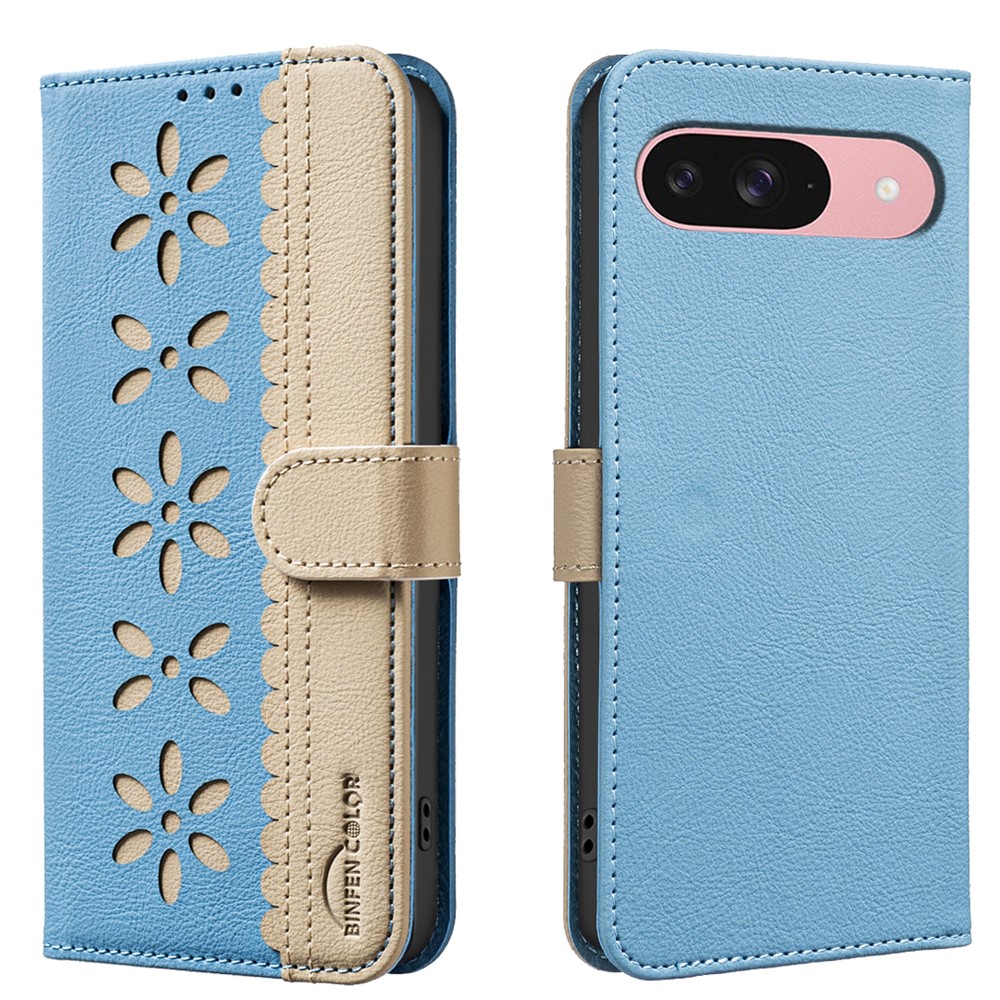 For Google Pixel 9 Pro / Google Pixel 9 Leather Case BINFEN COLOR BF36 Floral Pattern Phone Cover RFID Blocking Wallet Stand - Baby Blue