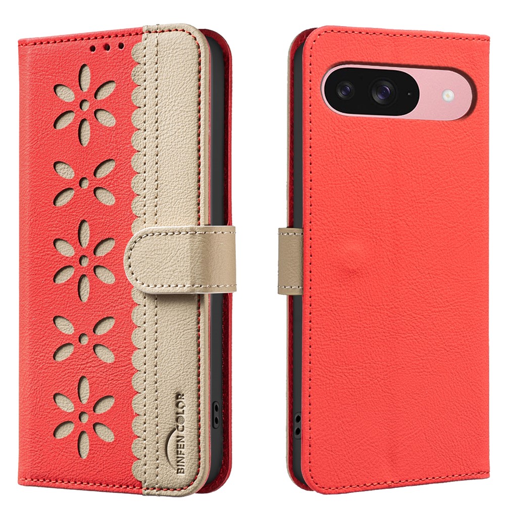For Google Pixel 9 Pro / Google Pixel 9 Leather Case BINFEN COLOR BF36 Floral Pattern Phone Cover RFID Blocking Wallet Stand - Red