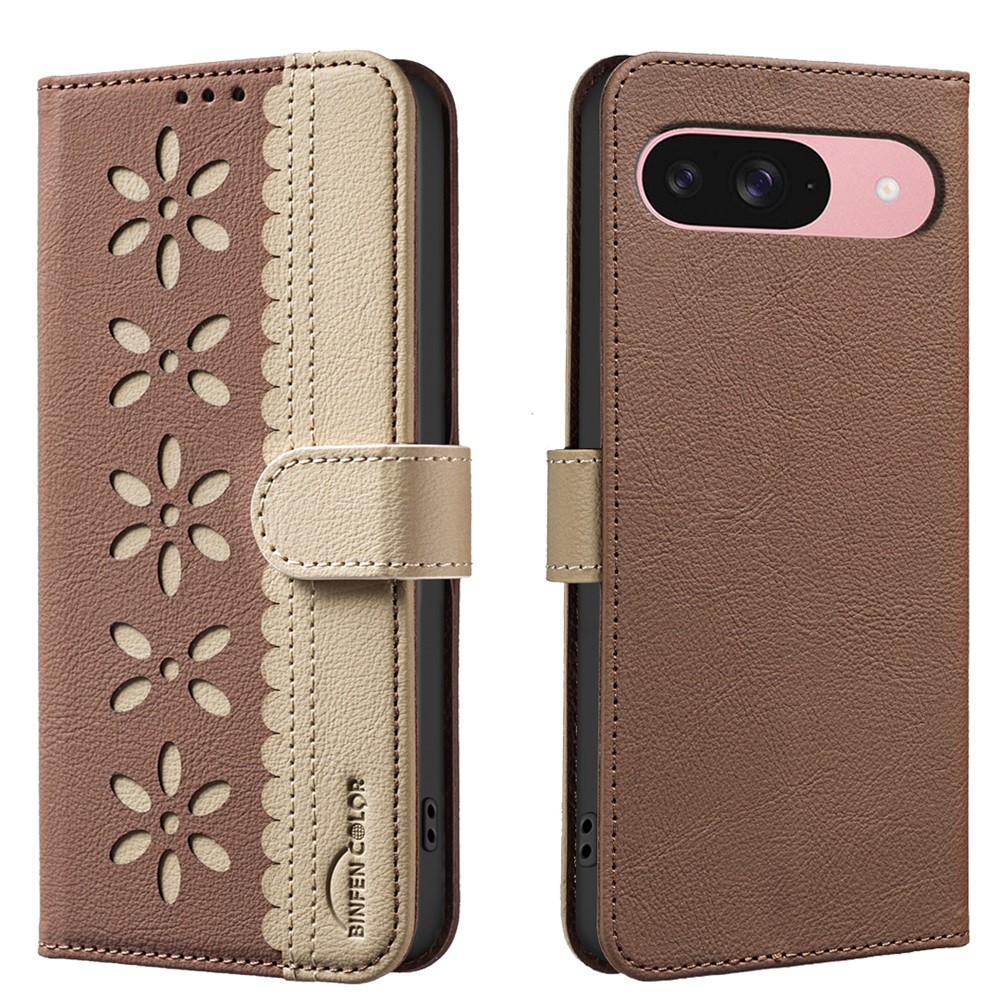 For Google Pixel 9 Pro / Google Pixel 9 Leather Case BINFEN COLOR BF36 Floral Pattern Phone Cover RFID Blocking Wallet Stand - Brown