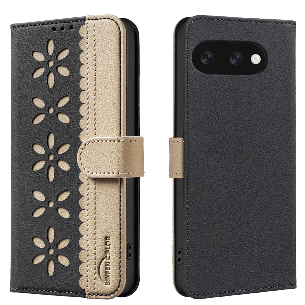 For Google Pixel 9a Leather Case BINFEN COLOR BF36 Floral Pattern Phone Cover RFID Blocking Wallet Stand - Black
