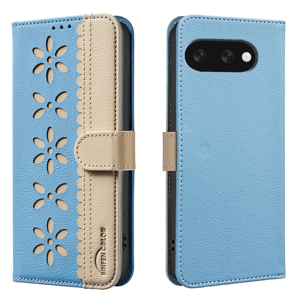 For Google Pixel 9a Leather Case BINFEN COLOR BF36 Floral Pattern Phone Cover RFID Blocking Wallet Stand - Baby Blue