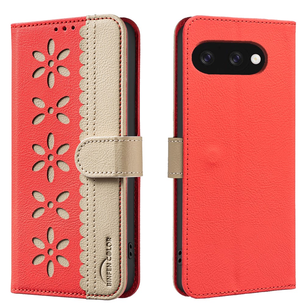For Google Pixel 9a Leather Case BINFEN COLOR BF36 Floral Pattern Phone Cover RFID Blocking Wallet Stand - Red