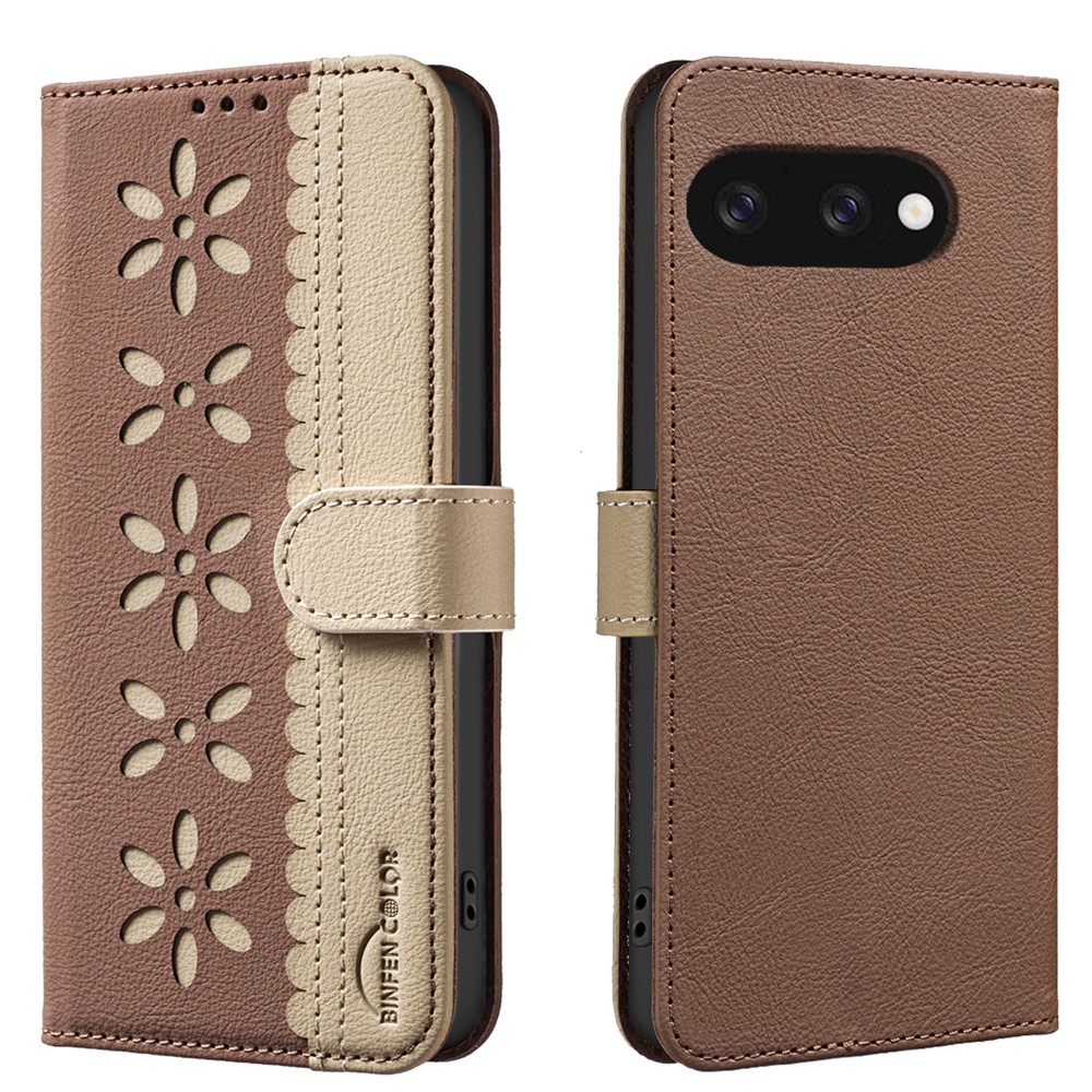 For Google Pixel 9a Leather Case BINFEN COLOR BF36 Floral Pattern Phone Cover RFID Blocking Wallet Stand - Brown