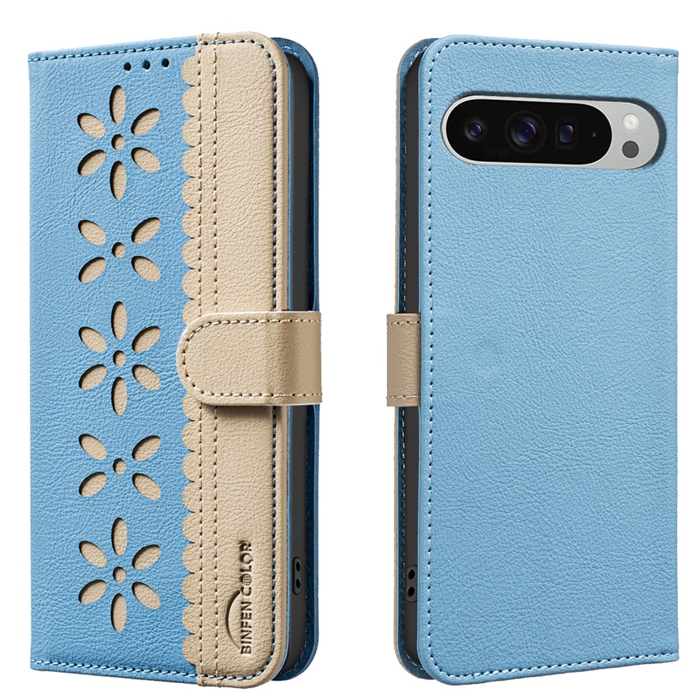 For Google Pixel 9 Pro XL Leather Case BINFEN COLOR BF36 Floral Pattern Phone Cover RFID Blocking Wallet Stand - Baby Blue