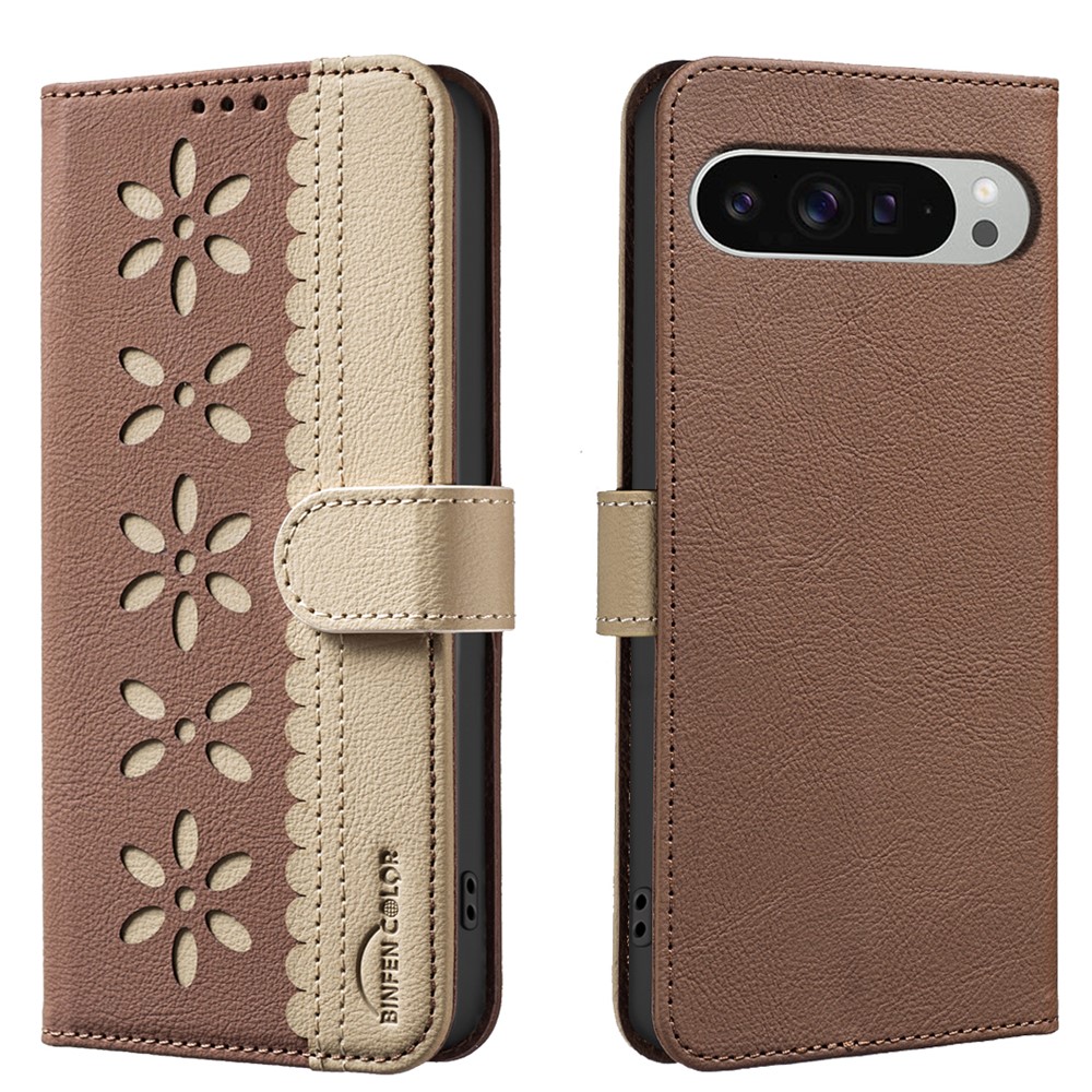 For Google Pixel 9 Pro XL Leather Case BINFEN COLOR BF36 Floral Pattern Phone Cover RFID Blocking Wallet Stand - Brown