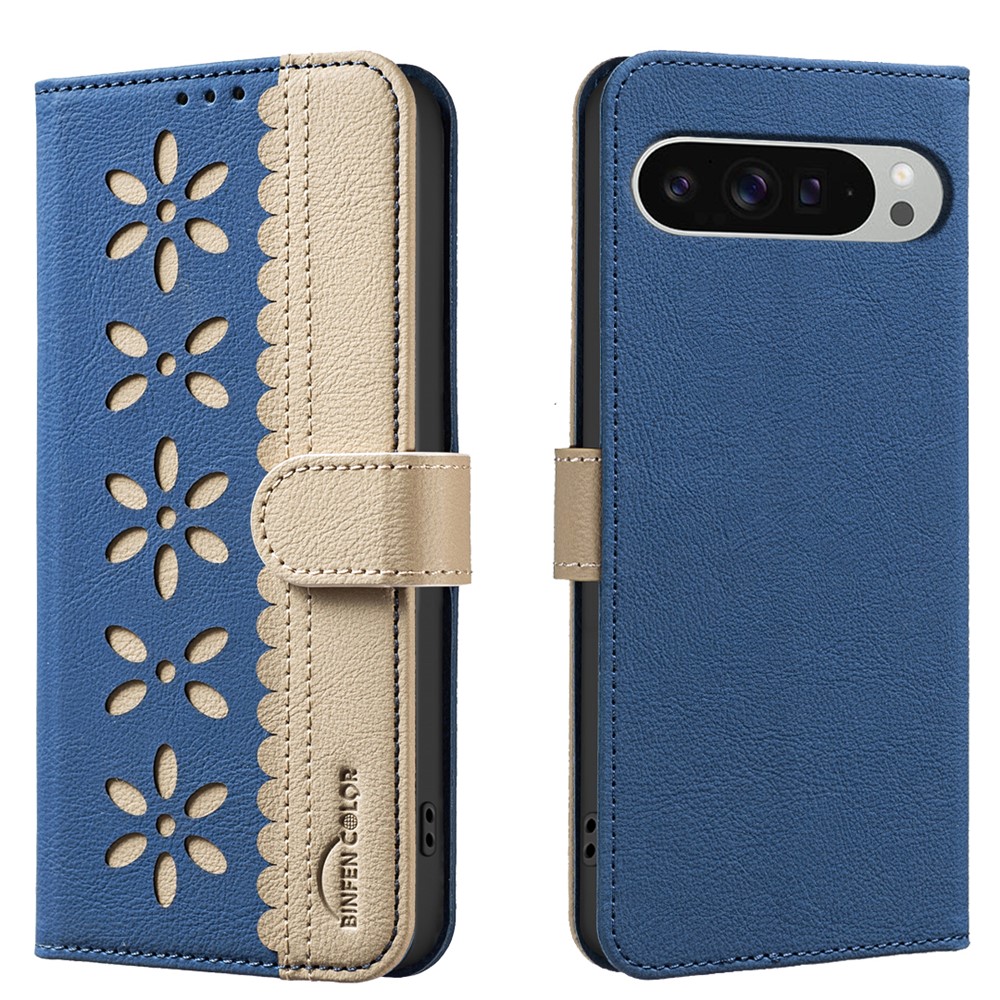 For Google Pixel 9 Pro XL Leather Case BINFEN COLOR BF36 Floral Pattern Phone Cover RFID Blocking Wallet Stand - Dark Blue