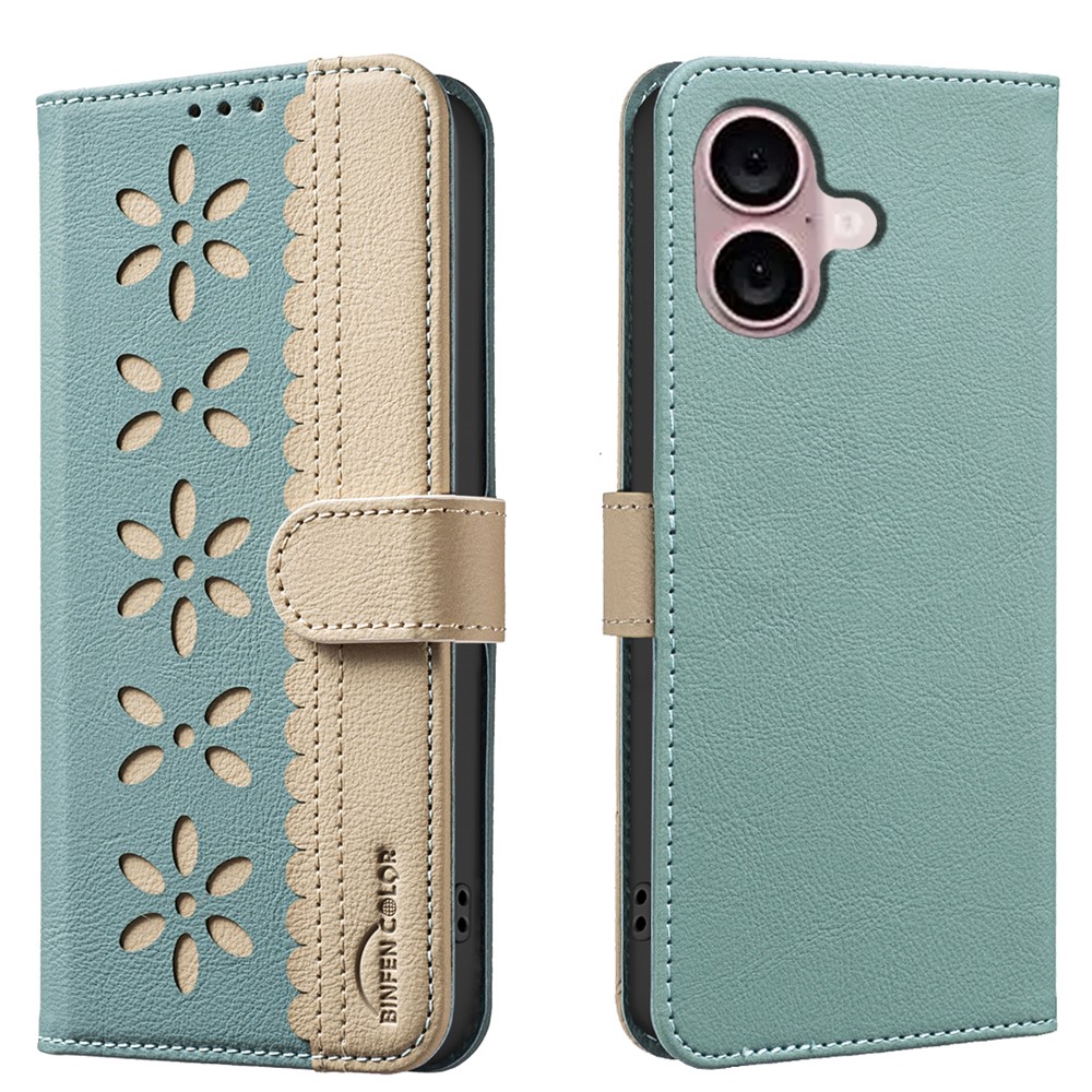 For iPhone 16 Leather Case BINFEN COLOR BF36 Floral Pattern Phone Cover RFID Blocking Wallet Stand - Green