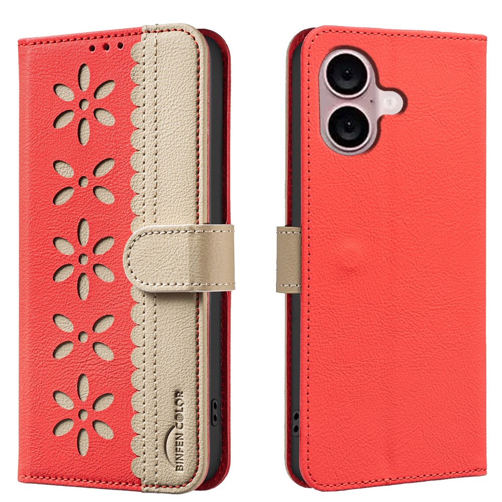 For iPhone 16 Leather Case BINFEN COLOR BF36 Floral Pattern Phone Cover RFID Blocking Wallet Stand - Red