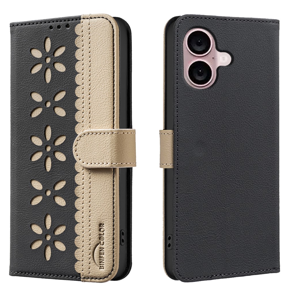 For iPhone 16 Plus Leather Case BINFEN COLOR BF36 Floral Pattern Phone Cover RFID Blocking Wallet Stand - Black