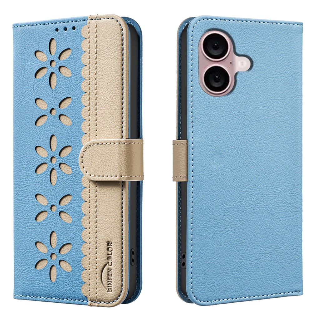 For iPhone 16 Plus Leather Case BINFEN COLOR BF36 Floral Pattern Phone Cover RFID Blocking Wallet Stand - Baby Blue