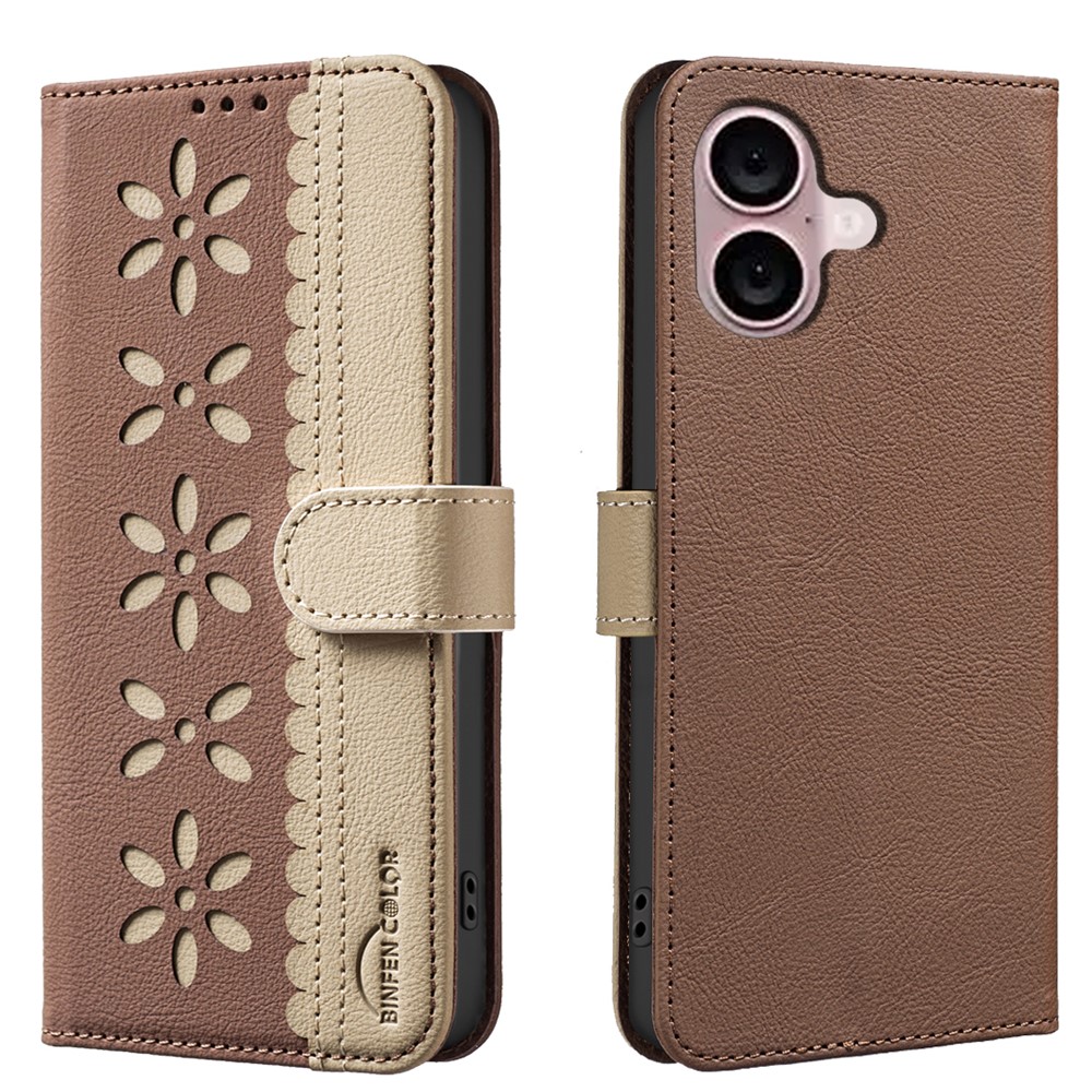 For iPhone 16 Plus Leather Case BINFEN COLOR BF36 Floral Pattern Phone Cover RFID Blocking Wallet Stand - Brown
