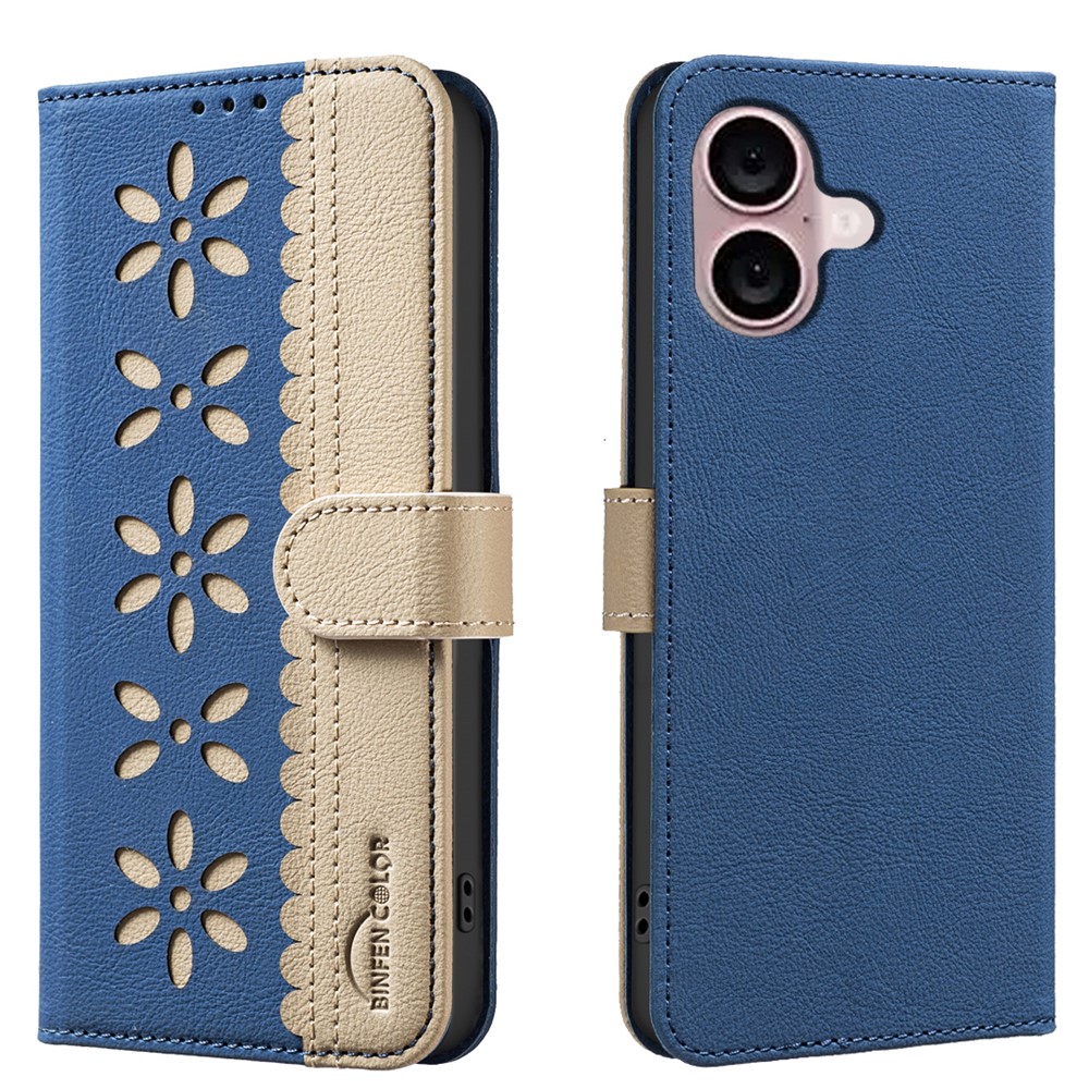 For iPhone 16 Plus Leather Case BINFEN COLOR BF36 Floral Pattern Phone Cover RFID Blocking Wallet Stand - Dark Blue