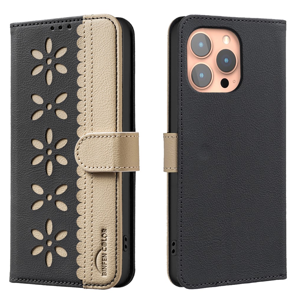 For iPhone 16 Pro Max Leather Case BINFEN COLOR BF36 Floral Pattern Phone Cover RFID Blocking Wallet Stand - Black
