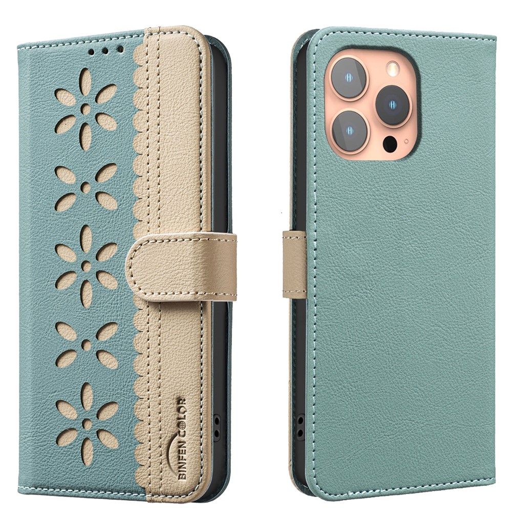 For iPhone 16 Pro Max Leather Case BINFEN COLOR BF36 Floral Pattern Phone Cover RFID Blocking Wallet Stand - Green