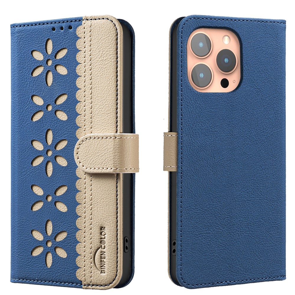 For iPhone 16 Pro Max Leather Case BINFEN COLOR BF36 Floral Pattern Phone Cover RFID Blocking Wallet Stand - Dark Blue