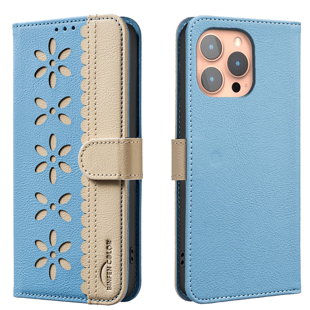 For iPhone 15 Pro Max Leather Case BINFEN COLOR BF36 Floral Pattern Phone Cover RFID Blocking Wallet Stand - Baby Blue
