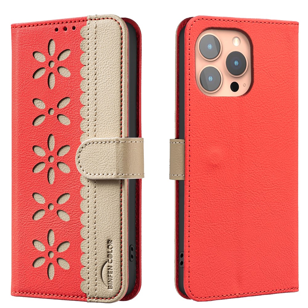 For iPhone 15 Pro Leather Case BINFEN COLOR BF36 Floral Pattern Phone Cover RFID Blocking Wallet Stand - Red