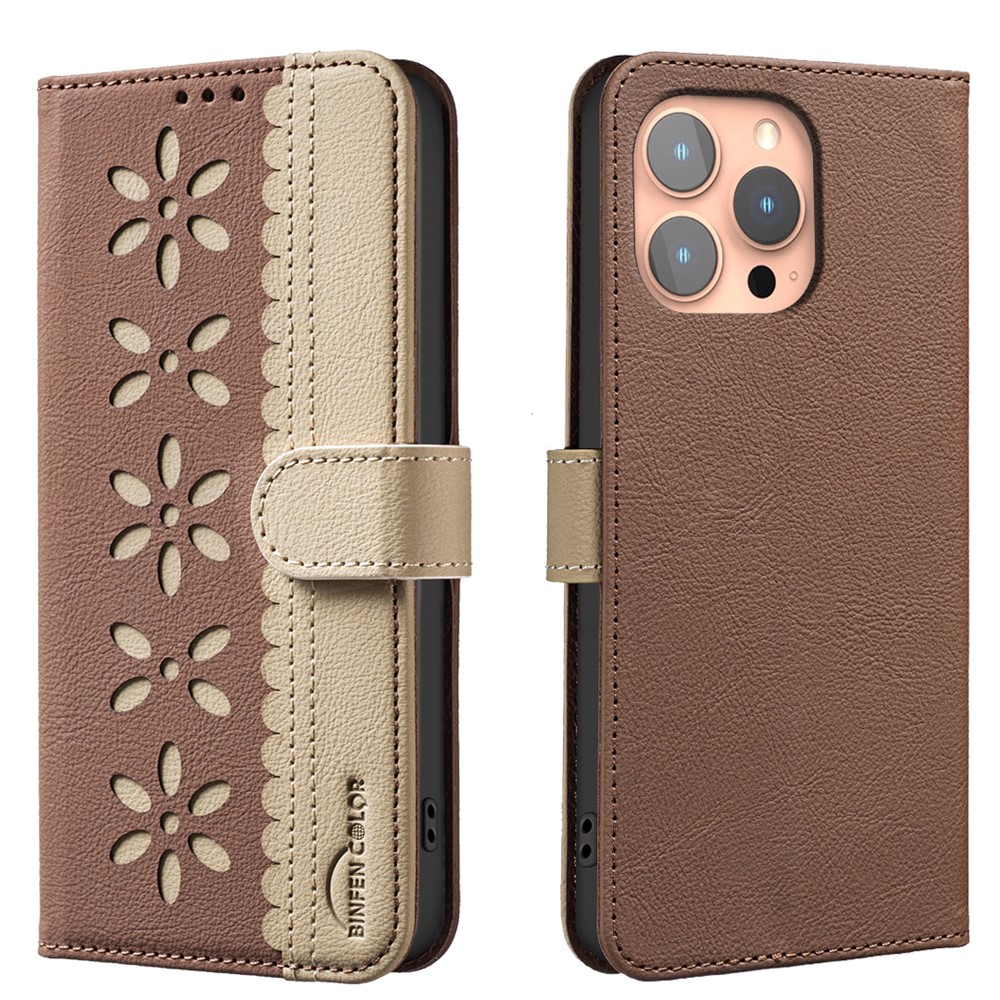 For iPhone 15 Pro Leather Case BINFEN COLOR BF36 Floral Pattern Phone Cover RFID Blocking Wallet Stand - Brown