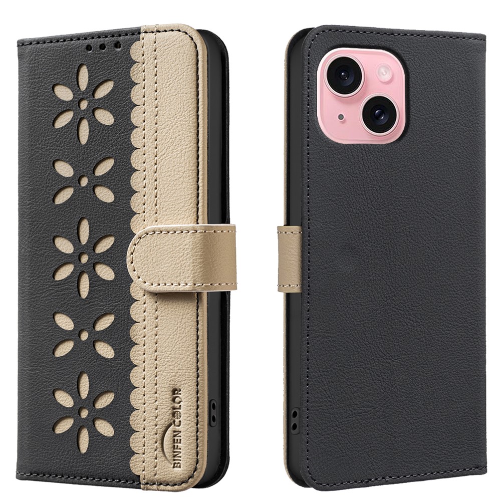 For iPhone 15 Leather Case BINFEN COLOR BF36 Floral Pattern Phone Cover RFID Blocking Wallet Stand - Black