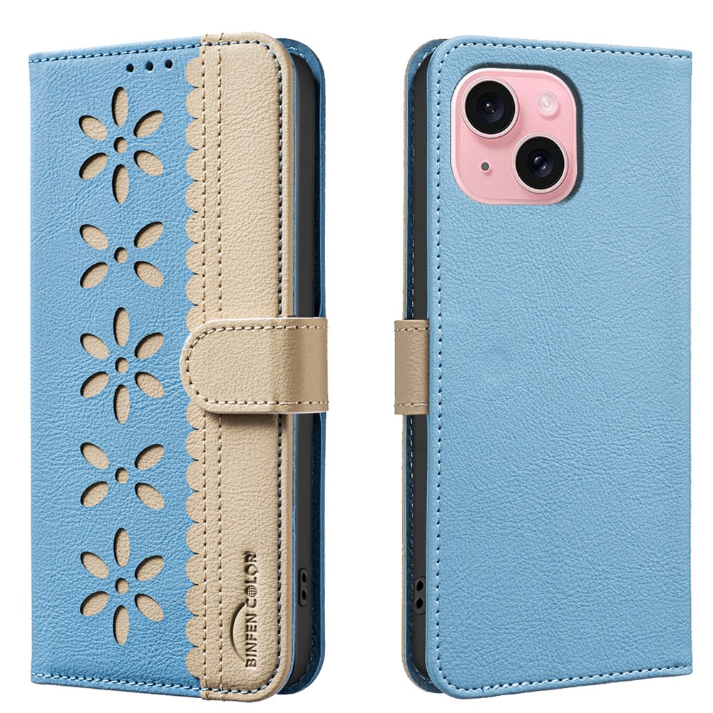 For iPhone 15 Leather Case BINFEN COLOR BF36 Floral Pattern Phone Cover RFID Blocking Wallet Stand - Baby Blue
