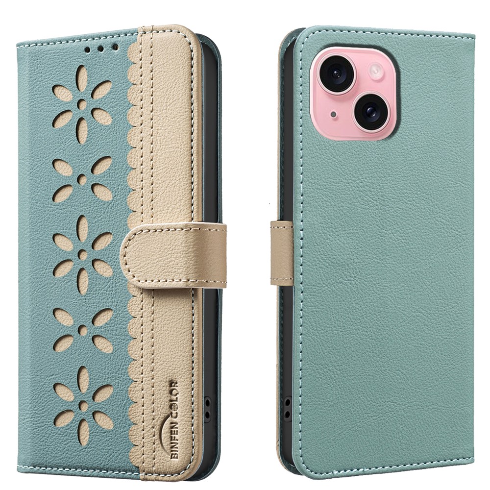 For iPhone 15 Leather Case BINFEN COLOR BF36 Floral Pattern Phone Cover RFID Blocking Wallet Stand - Green