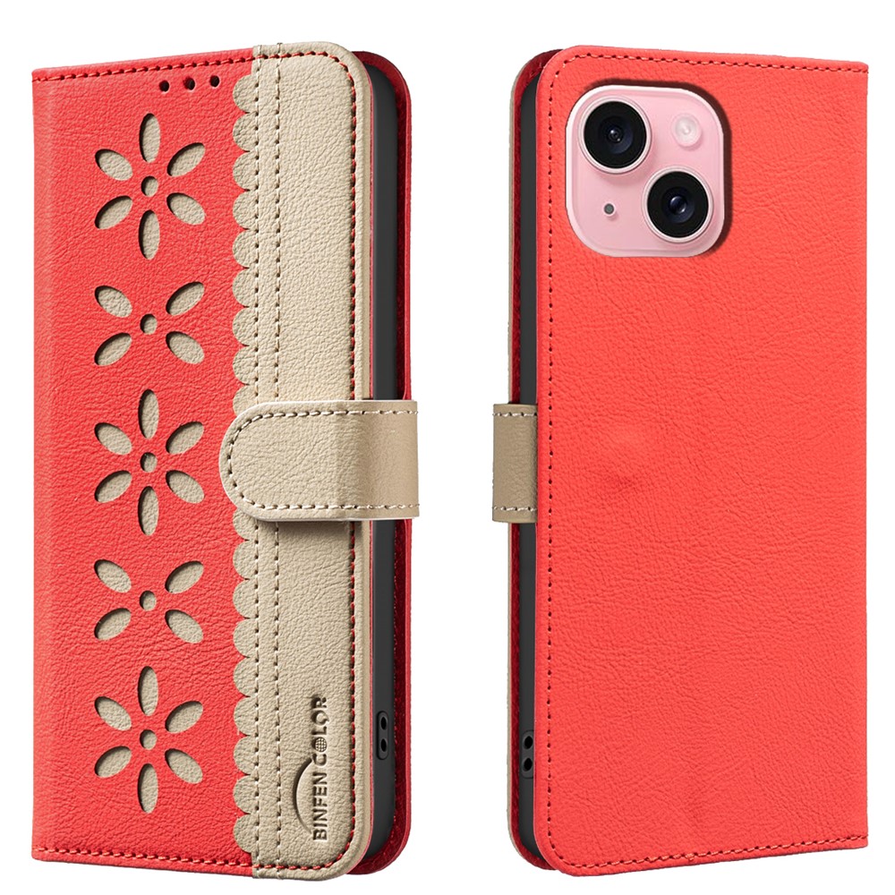 For iPhone 15 Leather Case BINFEN COLOR BF36 Floral Pattern Phone Cover RFID Blocking Wallet Stand - Red