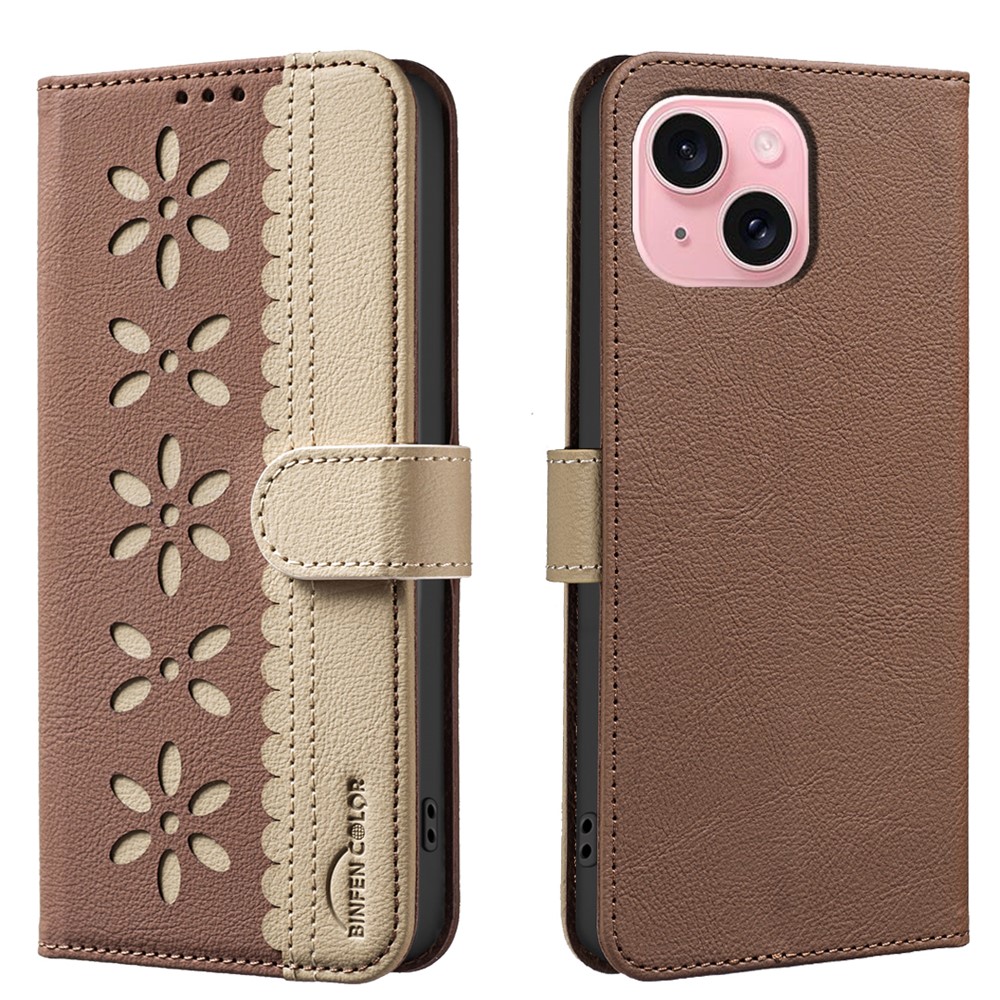 For iPhone 15 Leather Case BINFEN COLOR BF36 Floral Pattern Phone Cover RFID Blocking Wallet Stand - Brown