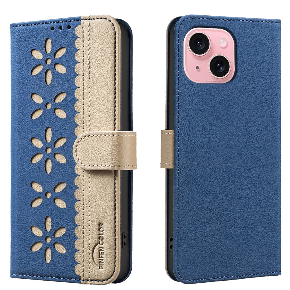For iPhone 15 Leather Case BINFEN COLOR BF36 Floral Pattern Phone Cover RFID Blocking Wallet Stand - Dark Blue