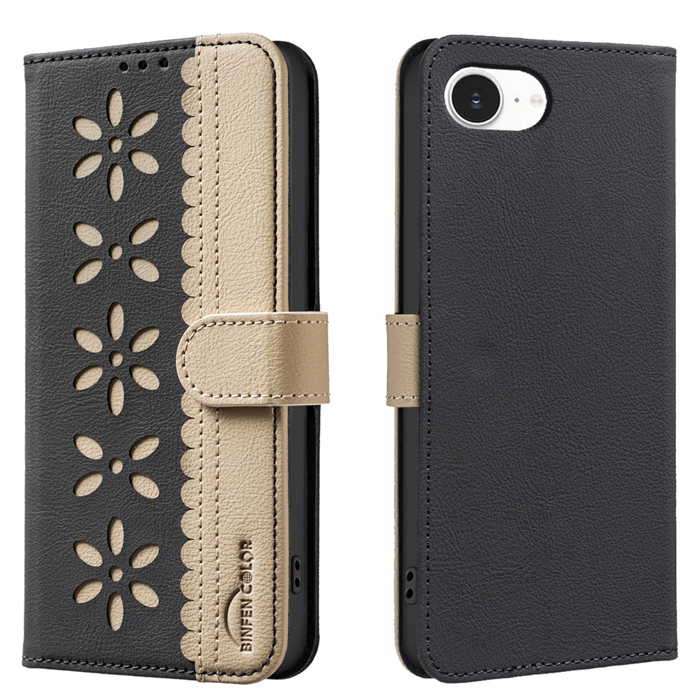 For iPhone 16e Leather Case BINFEN COLOR BF36 Floral Pattern Phone Cover RFID Blocking Wallet Stand - Black