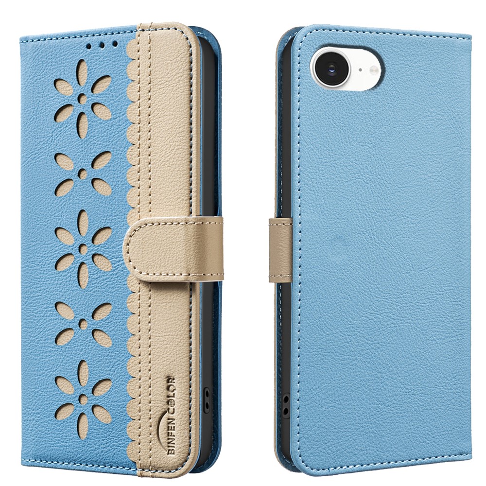 For iPhone 16e Leather Case BINFEN COLOR BF36 Floral Pattern Phone Cover RFID Blocking Wallet Stand - Baby Blue