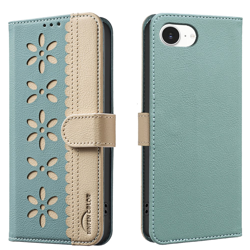 For iPhone 16e Leather Case BINFEN COLOR BF36 Floral Pattern Phone Cover RFID Blocking Wallet Stand - Green