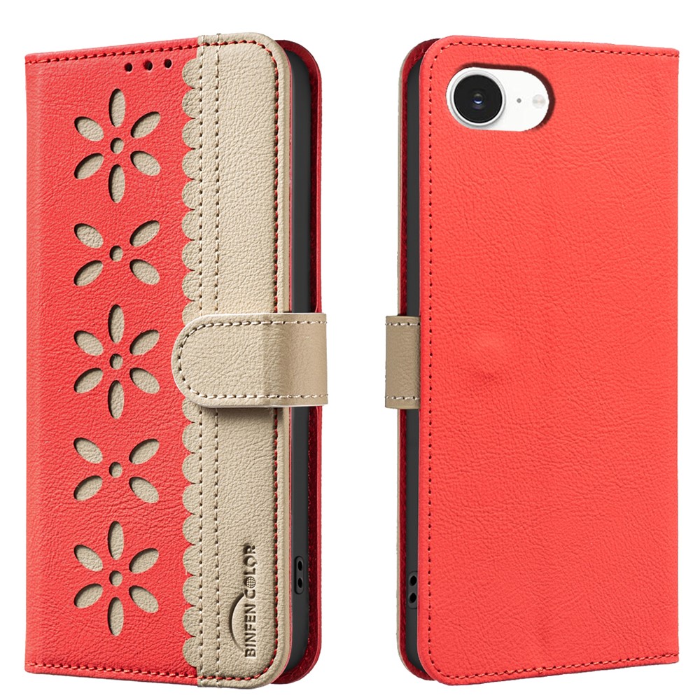 For iPhone 16e Leather Case BINFEN COLOR BF36 Floral Pattern Phone Cover RFID Blocking Wallet Stand - Red